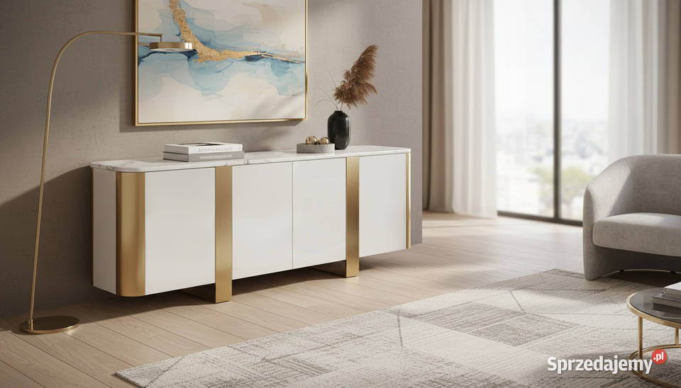 Komoda biała złamana biel na złotych nogach