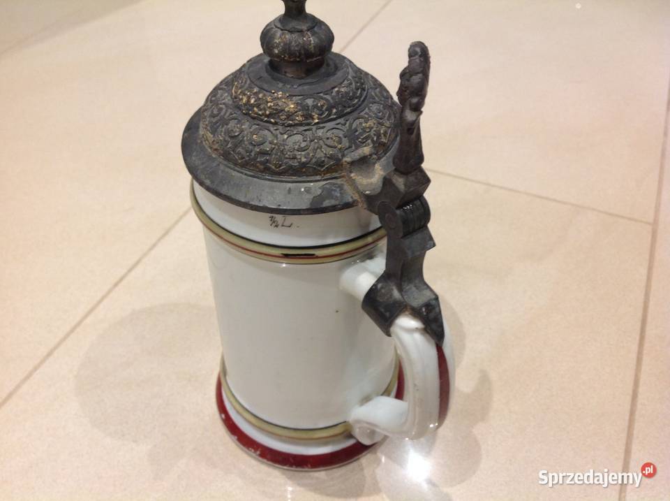 Stary Porcelanowy Kufel Myśliwskil z cynową Nowa Sól