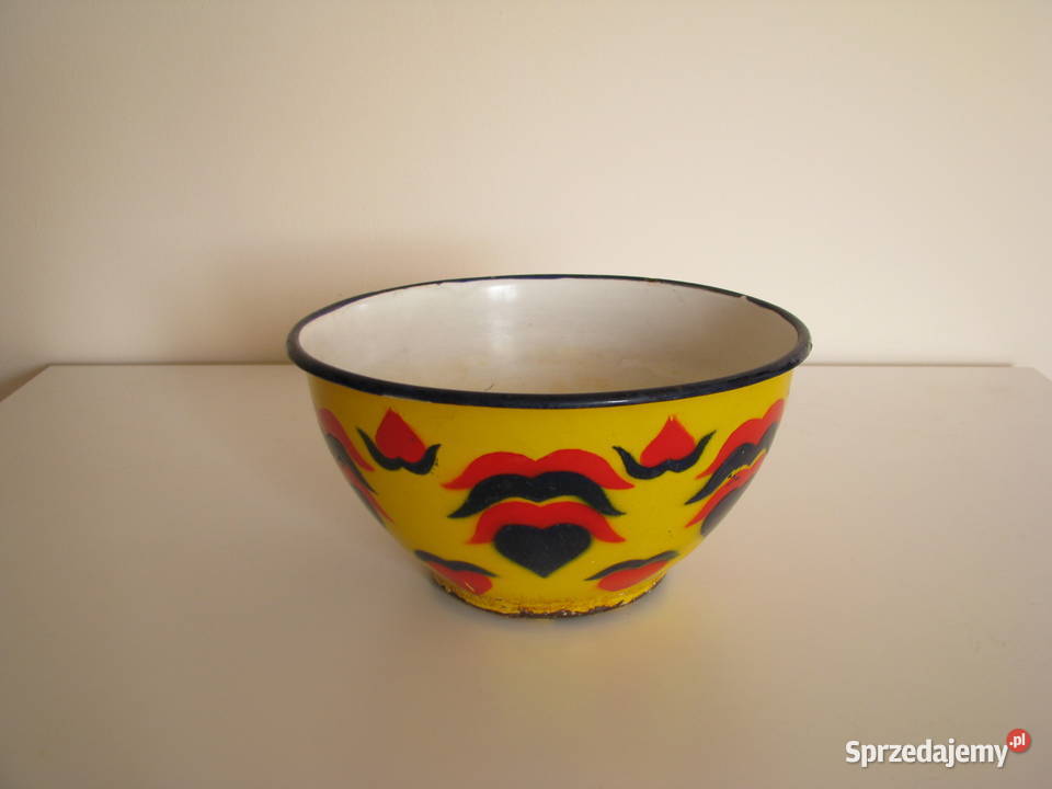 Piękna stara metalowa emaliowana na żółto miska Brzegi