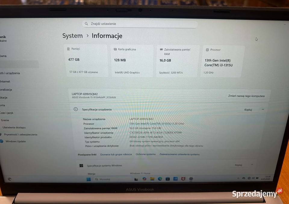 Laptop Asus VivoBook X1504VABQ3562W i3 16 RAM Elbląg sprzedam