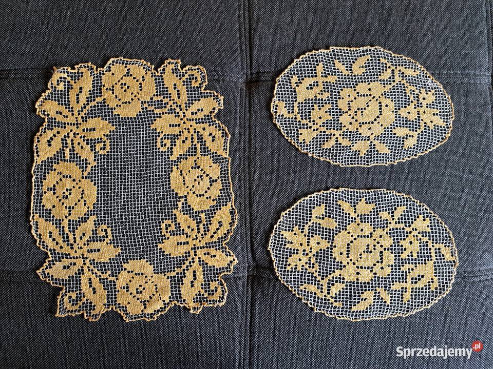 Zestaw 3 serwetek żółtobiałych vintage ecru Łódź