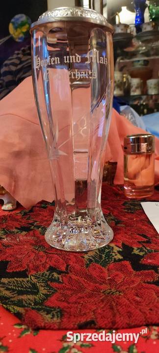 Stary duży kufel kryształowy z przykrywką cynową Porcelana i szkło