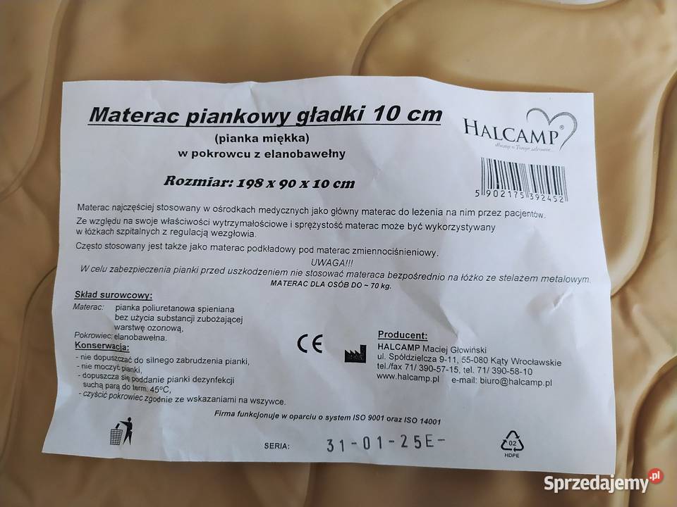 Materac antyodleżynowy materac piankowy podkład Konin