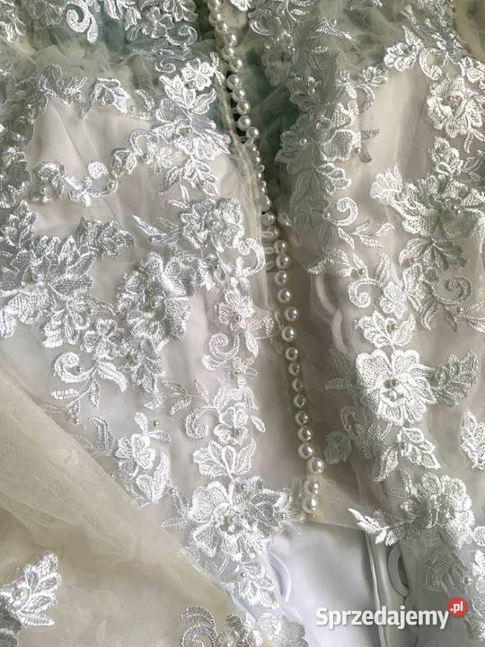 Suknia ślubna liniaA koronka perły rękawy 46 46W