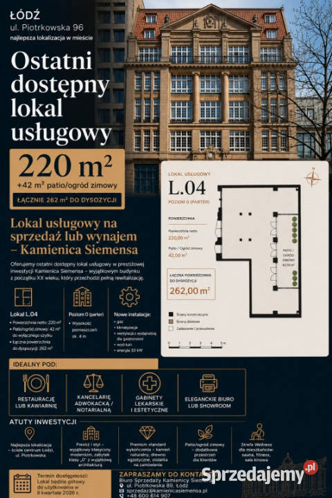 OSTATNI lokal usługowy 262 m2 Piotrkowska 96 12595zł/m2 Łódź