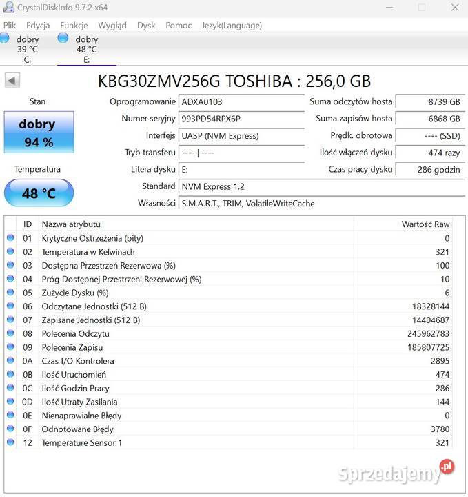 Dysk Toshiba KBG30ZMV256G SSD M2 2280 NVMe 256GB