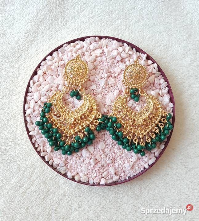 Duże kolczyki złoty kolor zielone koraliki Szczecin