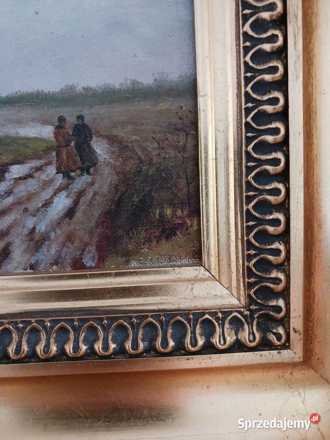 Obraz olejny pejzaż wiejski piękna złocona rama Obrazki i obrazy Warszawa