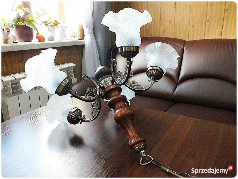 Stary stylowy Żyrandol Mosiądz Drewno Styl Lampy wiszące Żary