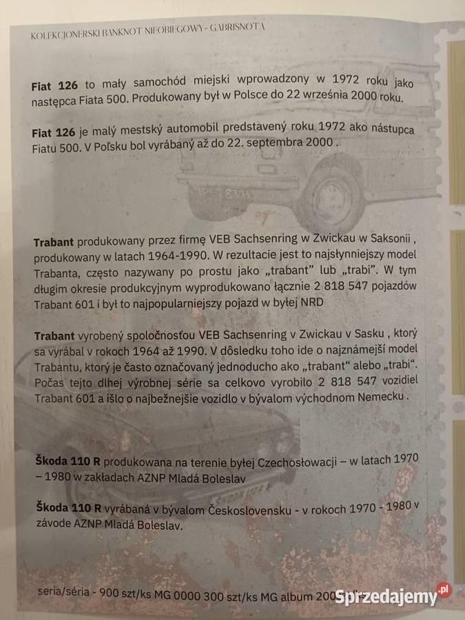 Banknoty Fiat Trabant Skoda folder samochody Goleniów sprzedam