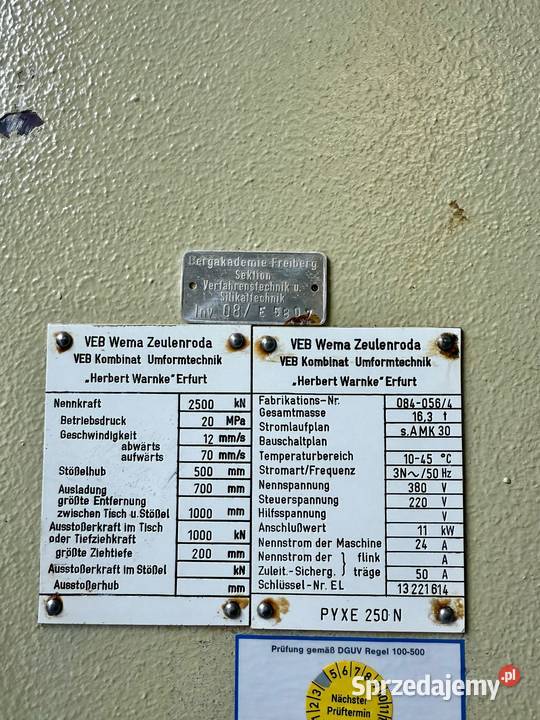 Prasa Hydrauliczna WMW PYE PYXE 250 N Trzebunia sprzedam