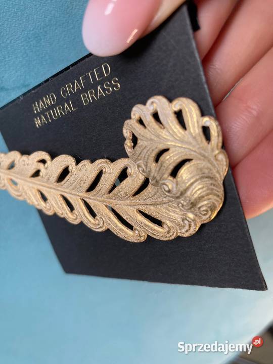 Nowa złota duża połyskująca broszka liść vintage Nisko