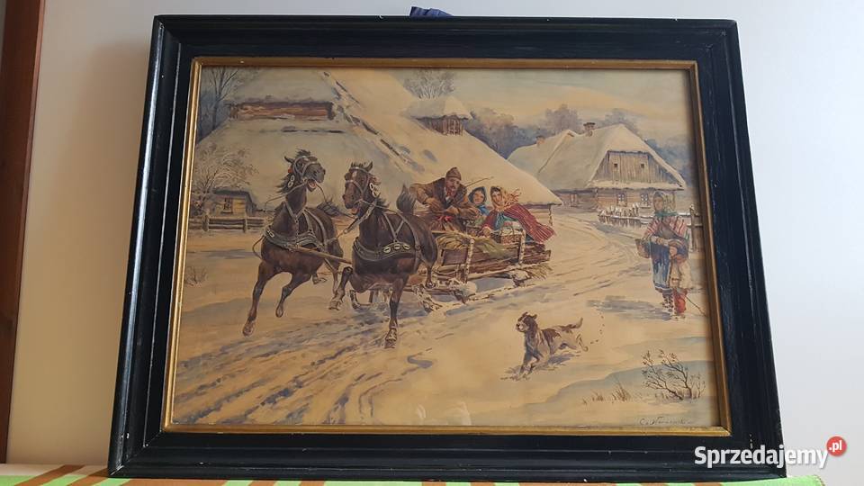 Stary duży obraz akwarela sygnowana Cz Dąbrowa Górnicza