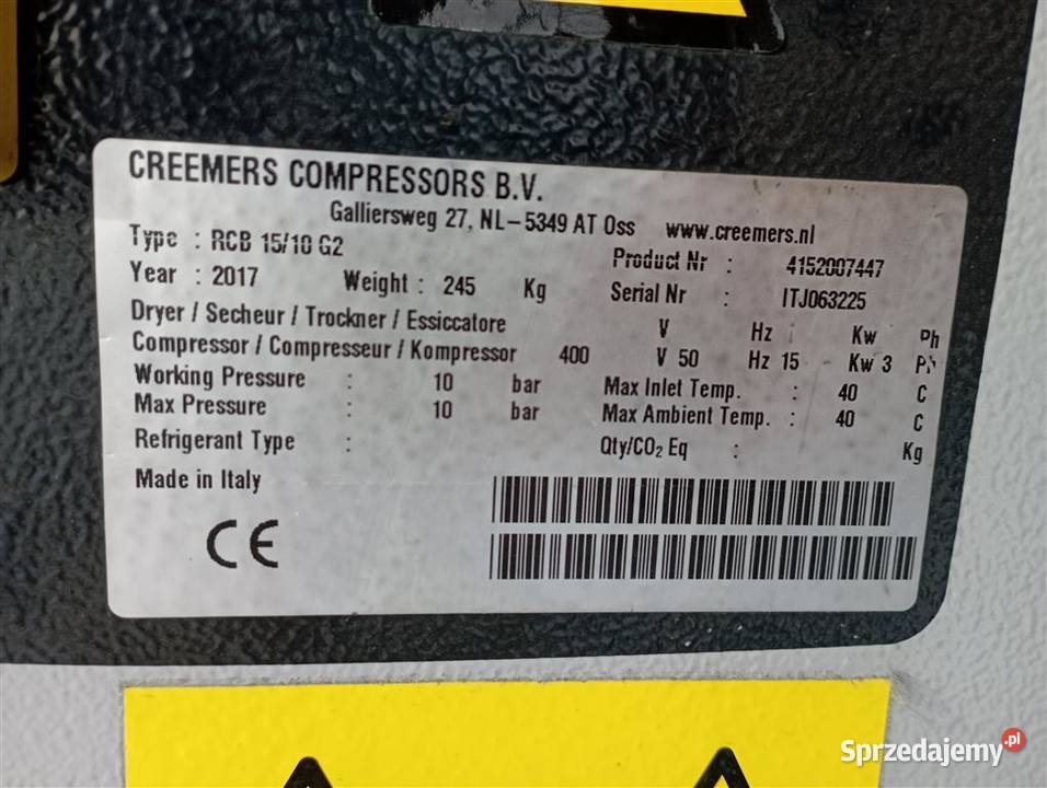 Sprężarka śrubowa CREEMERS RCB1510 15kW 16m Wilków sprzedam