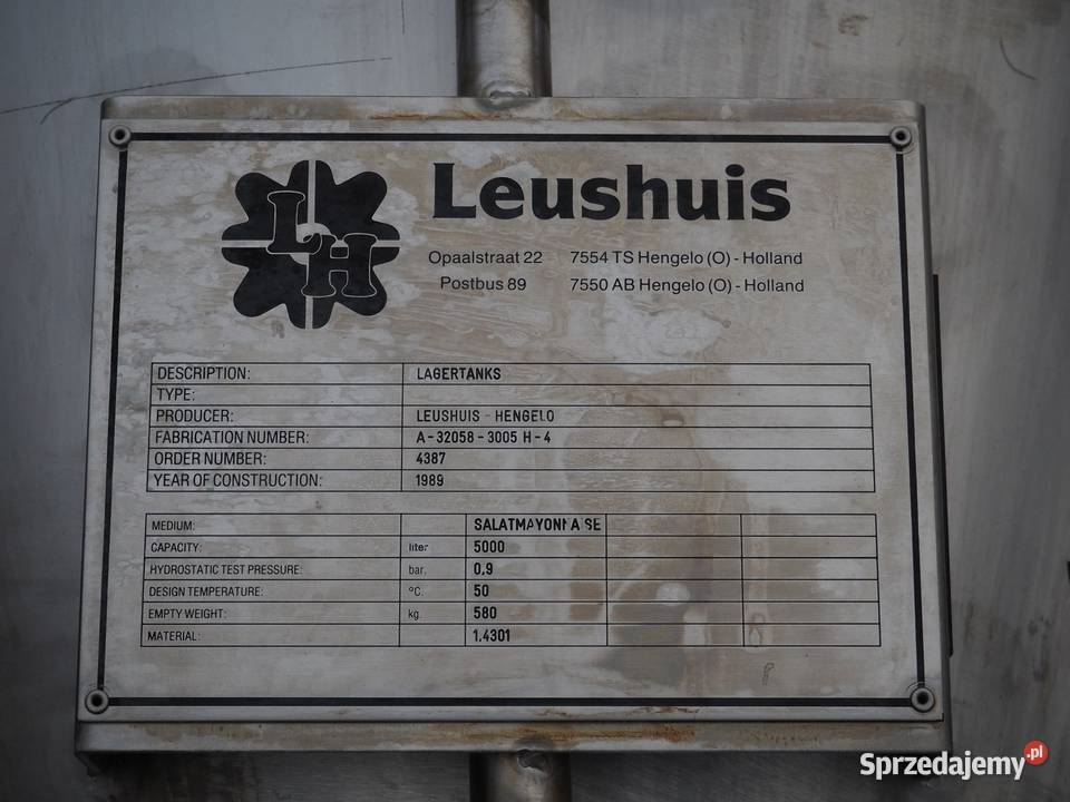 LEUSHUIS 5000L Pionowy zbiornik procesowy Krotoszyn