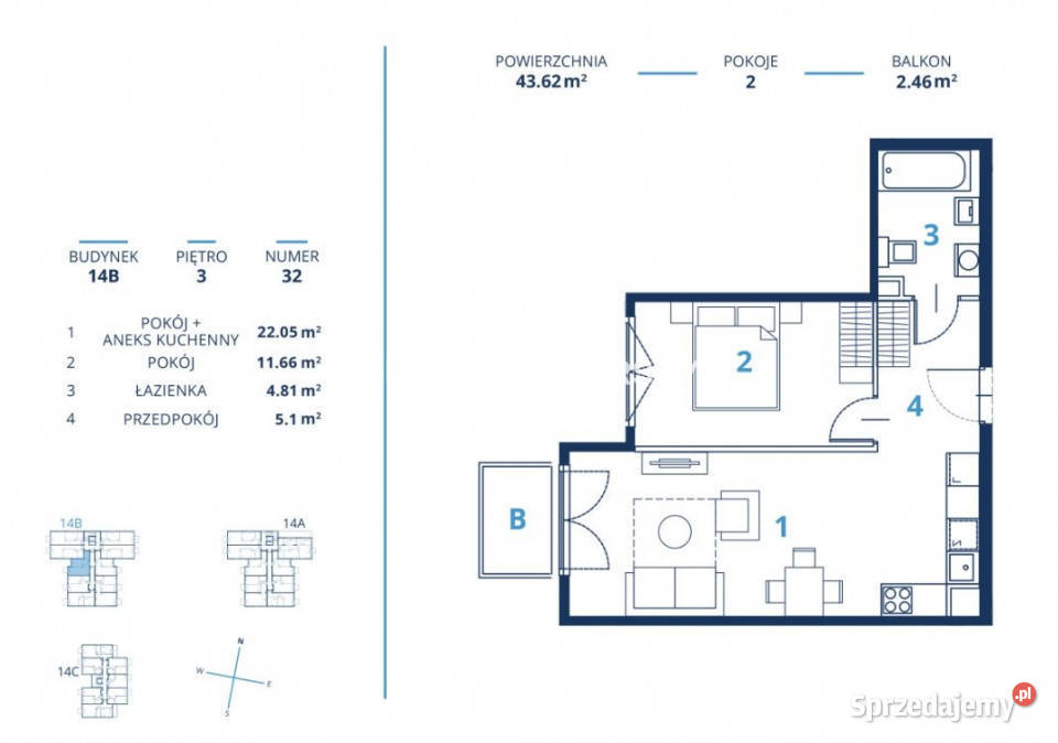Mieszkanie Kraków Bunscha 4362m2 2 pokoje Liczba pokoi 2