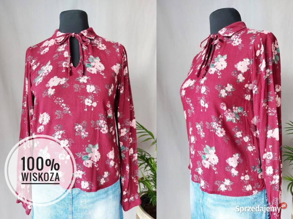 Bordowa koszula bluzka damska kwiaty długi rękaw