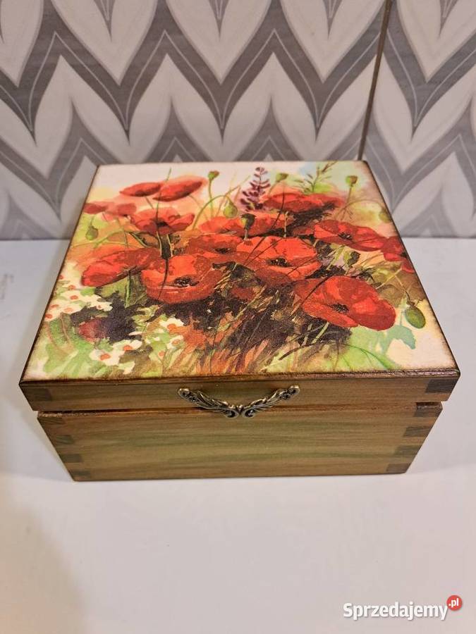 Szkatułka pudełko drewniane maki decoupage
