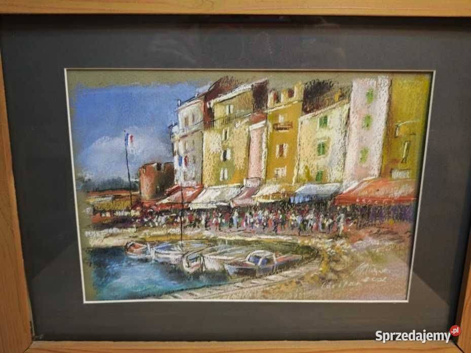 Sygnowany obraz pastel Cote dAzur port rama