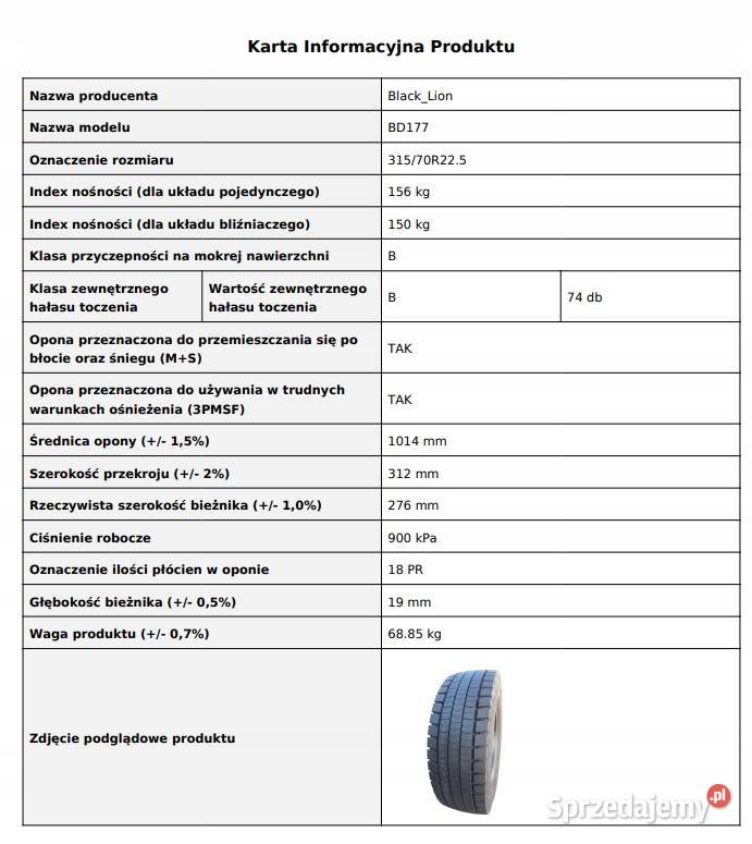 Opony Napędowe 31570 R225 BlackLion BD177 Nowe 4 315 Zarębki