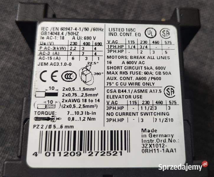 stycznik SIEMENS 3RT10151AP01 230VAC 7A Łódź