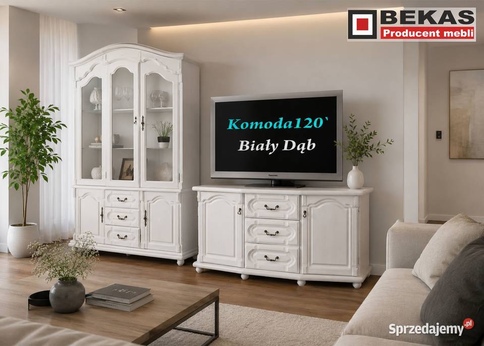 Biała Komoda 90 Stylowa Blat Dąb Naturalny BEKAS