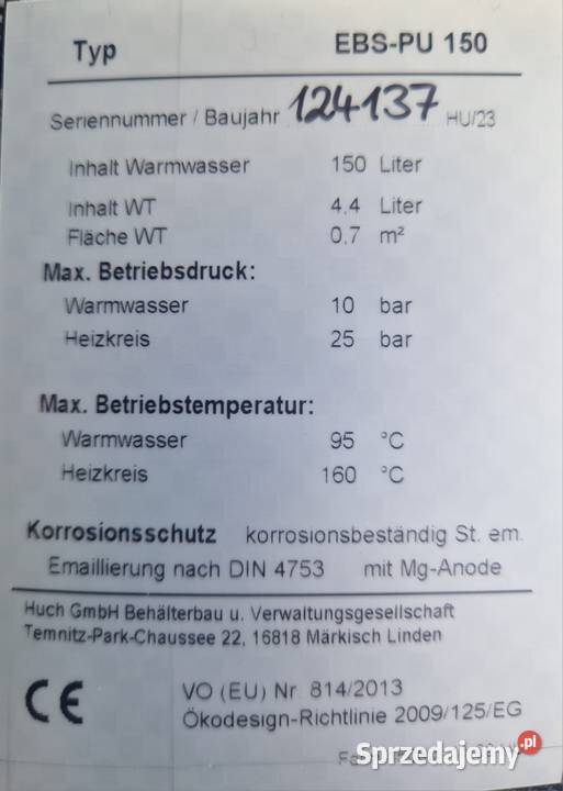 NOWY Zasobnik CWU Huch EBSPU 150L Niemiecka Instalacje Skrzypnia