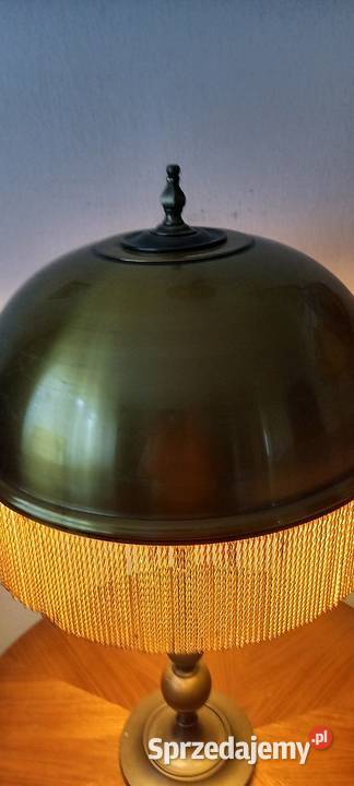 Duża mosiężna lampa gabinetowa klosz z frędzlami Skierniewice
