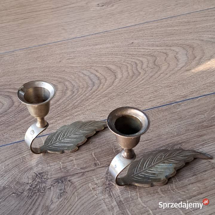 Zestaw 2 mosiężnych świeczników vintage liść Świeczniki Domaszczyn