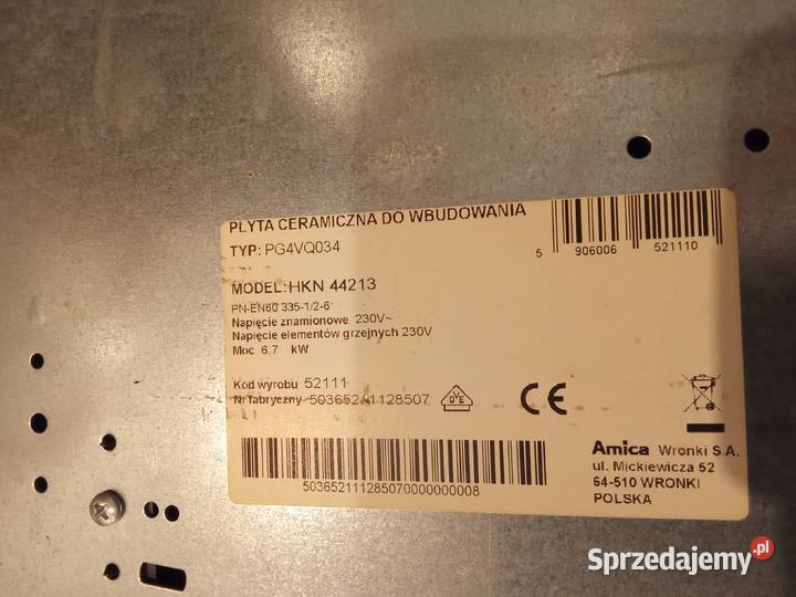 Kuchnia elektryczna Amica do zabudowy z płytą Iława