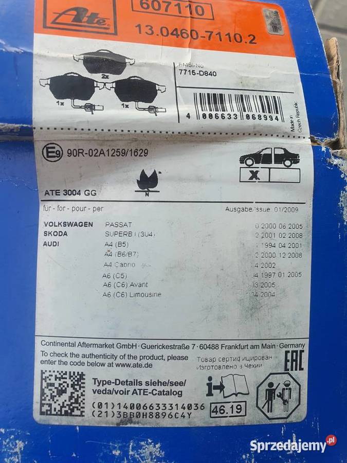 Nowe klocki hamulcowe czujnik ATE Passat B5 A4 Klocki hamulcowe Ełk