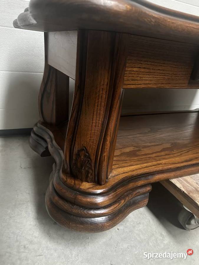 Ładna ciemna dębowa ława z szufladką Sławoszewek