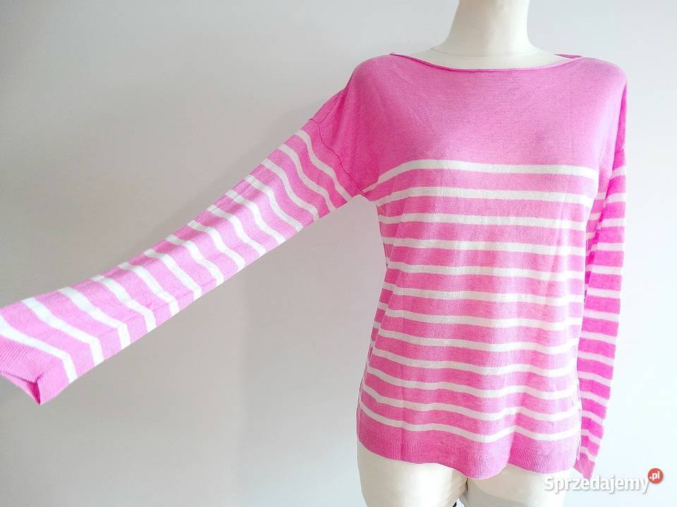 Sweter Lniany 100 Len Modne Paski Różowy Bluzka Łomża