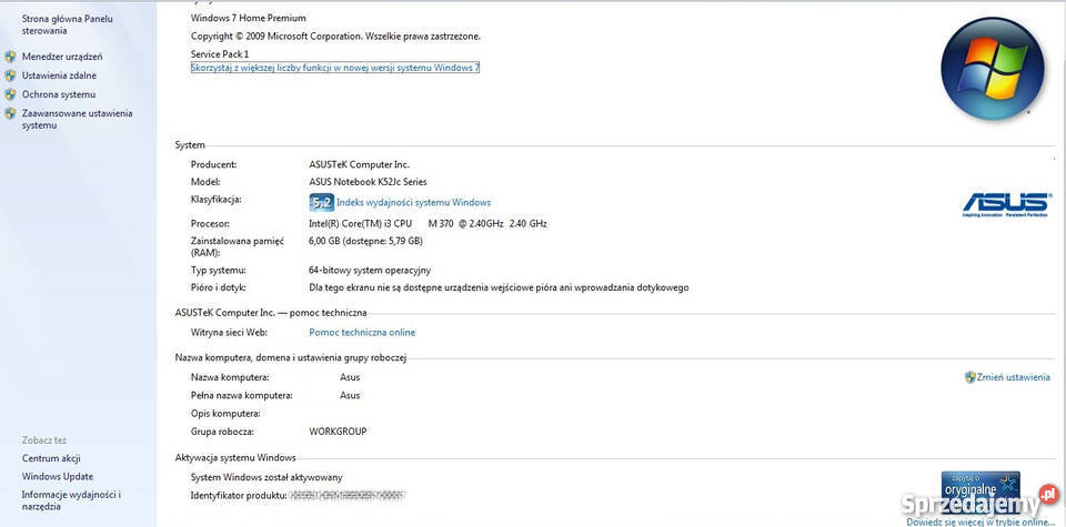 Laptop Asus K52J i3 2406GB RAM320 HDDGeForce310M Waga 2.62