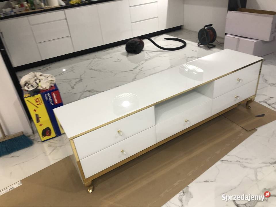 Komoda RTV lustrzana biała złota noga Ludwik 40cm Kępno