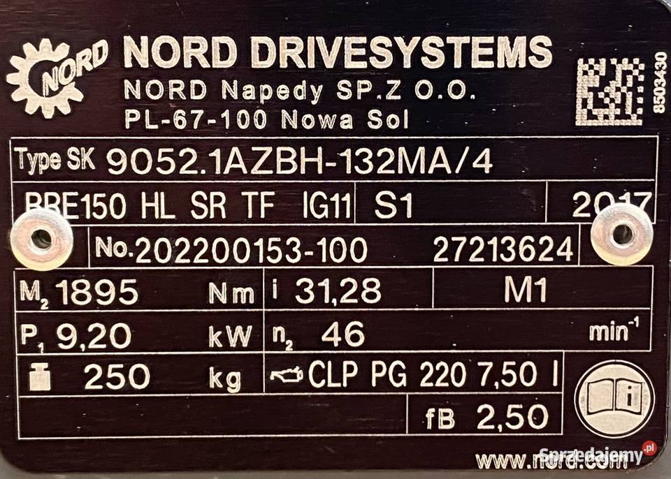 motoreduktor przekładnia 92kW 46obr HAMULEC NORD Pozostałe Pigża