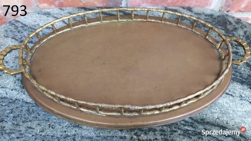 Mosiężna taca vintage z uchwytami i azurowym