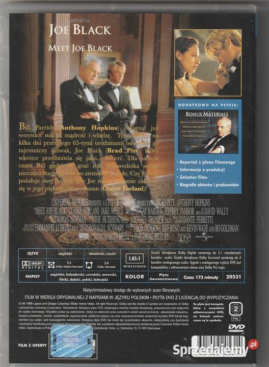 Joe Black Anthony Hopkins Brad Pitt DVD Pruszków