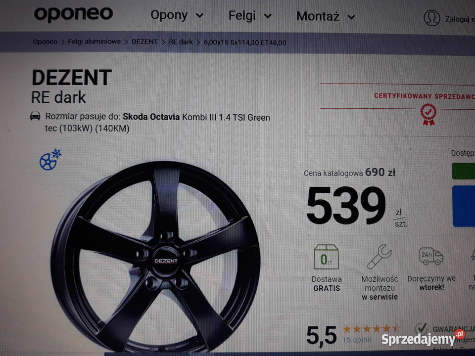 Felgi aluminiowe DEZENT RE dark 16R 5x112 Średnica 16" Warszawa