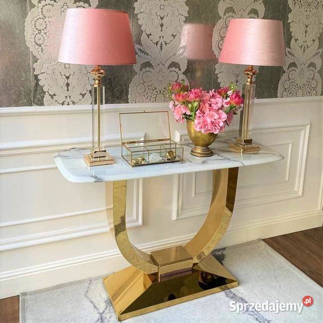 Konsola ART DECO Złota Blat Biały Marmur Glamour