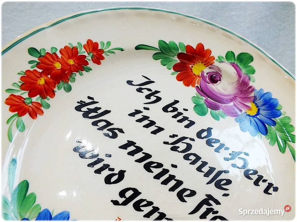 Stary Talerz naścienny malowany z sentencją lata Żary