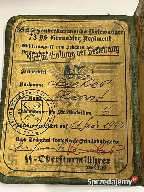 Legitymacja niemiecka SS Pułkownik III Rzesza Kraków