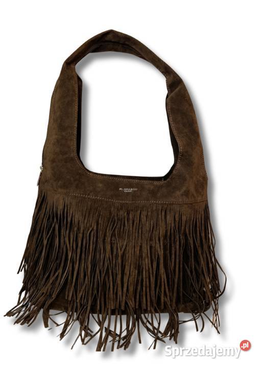Czekoladowa torebka zamszowa hobo frędzle Żabiczyn sprzedam