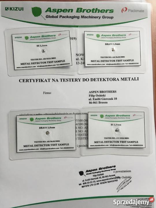 Testery do detektorów metali Certyfikat Faktura Brzoza sprzedam