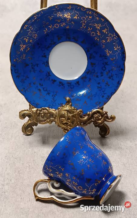 IMPORT Filiżanka Niebieska Duet Złote kwiatuszki Porcelana i szkło Dobrzany