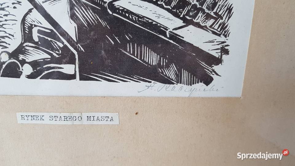 Stara grafika drzeworyt Rynek Starego Miasta Malarstwo Dąbrowa Górnicza