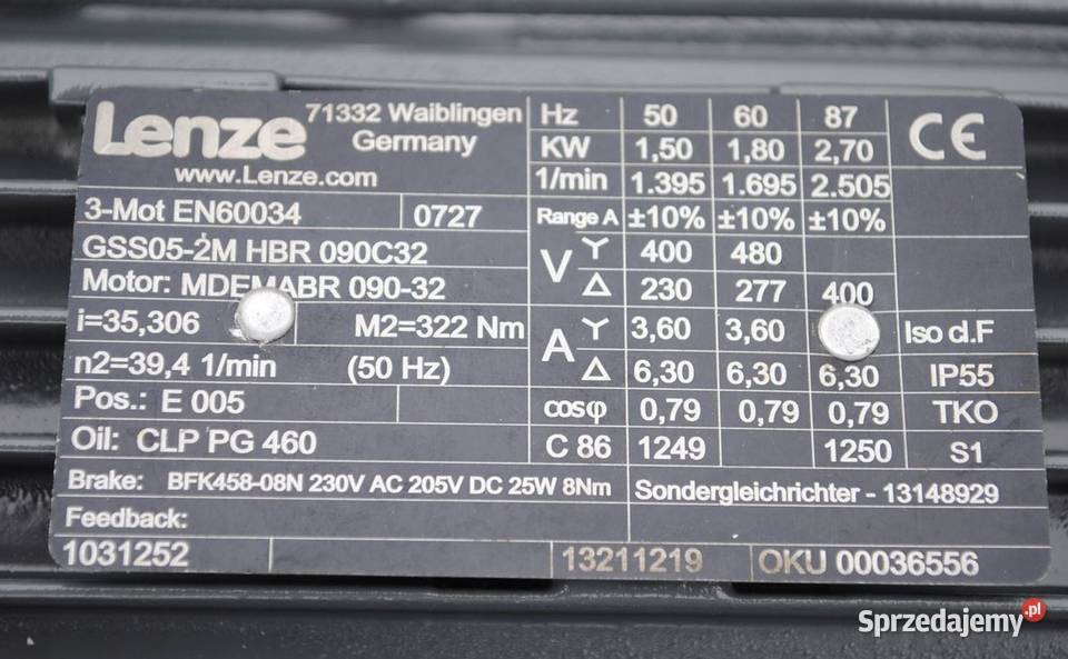 Motoreduktor kątowy 15kw 394obrmin z hamulcem