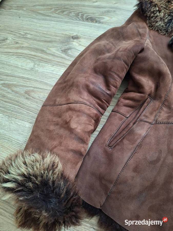 Naturalny kożuch z kozy kozi brązowy z futrzanym Zimowa