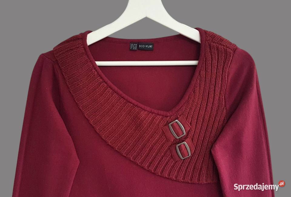 Damski bawełniany ciepły sweter bordowy z długim Bez wzoru Chrzanów