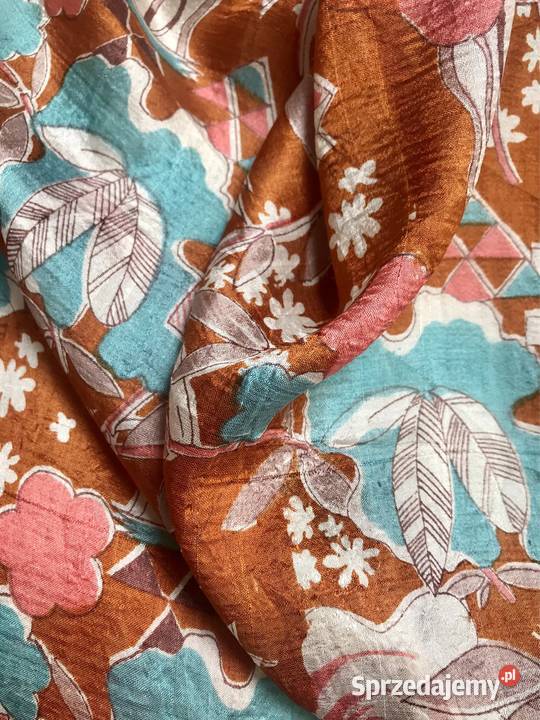 Duża jedwabna apaszka vintage motyw kwiatów Warszawa